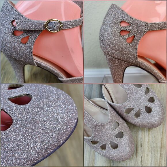 ☔️🩵NIB Champagne Glitter Pepper Mary Jane Buckled T-Strap Heels Size 8 - Picture 7 of 12